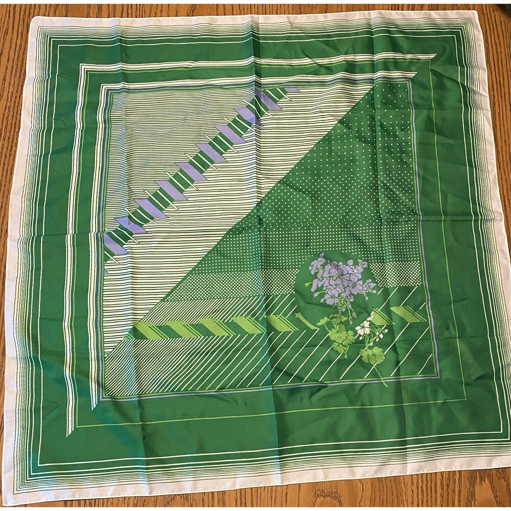 Vintage Italy Large Square green scarf floral and stripes 30.5" x 30.5"